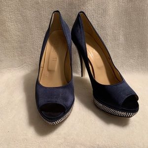 Navy blue platform peep-toe heels